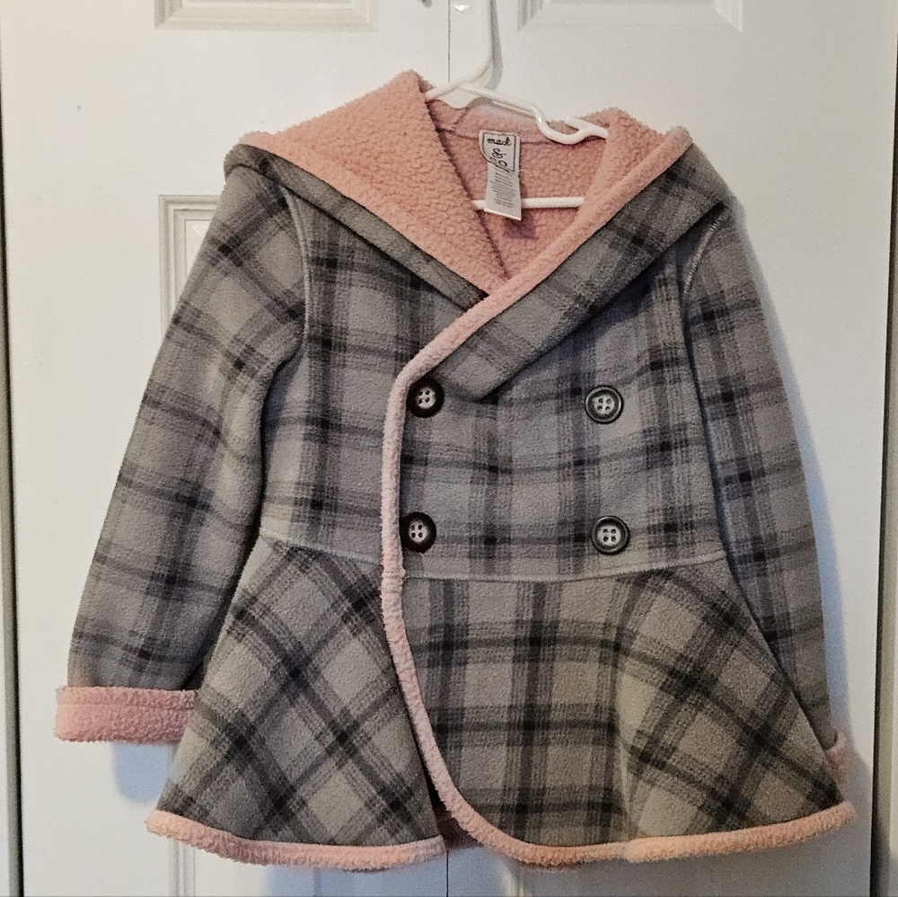 Rothschild Gray and Pink Plaid Pea Coat for Kids